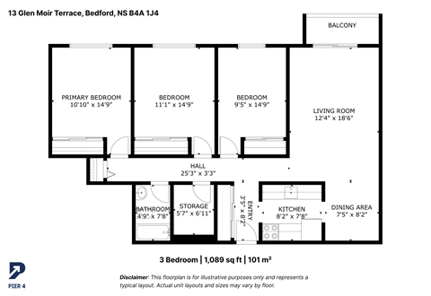 Floor plan for 3 beds, 1 bath, 1089 sqft